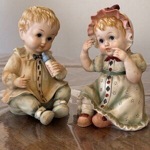 Vintage Lefton Bisque Porcelain 6" Piano Baby Boy & Girl Pair KW 1927 Figurines